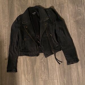 Retrofête - Black Denim Cropped Biker Jacket - Size S